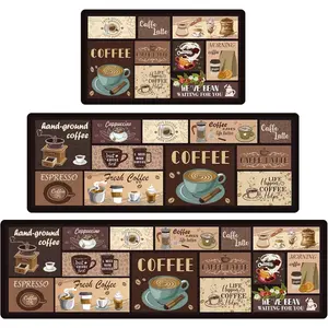 Coffee Kitchen Mats for Floor, 3 Pieces Non Slip Cushioned Kitchen Runner Rugs with Grid Design, Waterproof Comfort Mat Farmhouse Chef Runners Carpet For Home Decoration