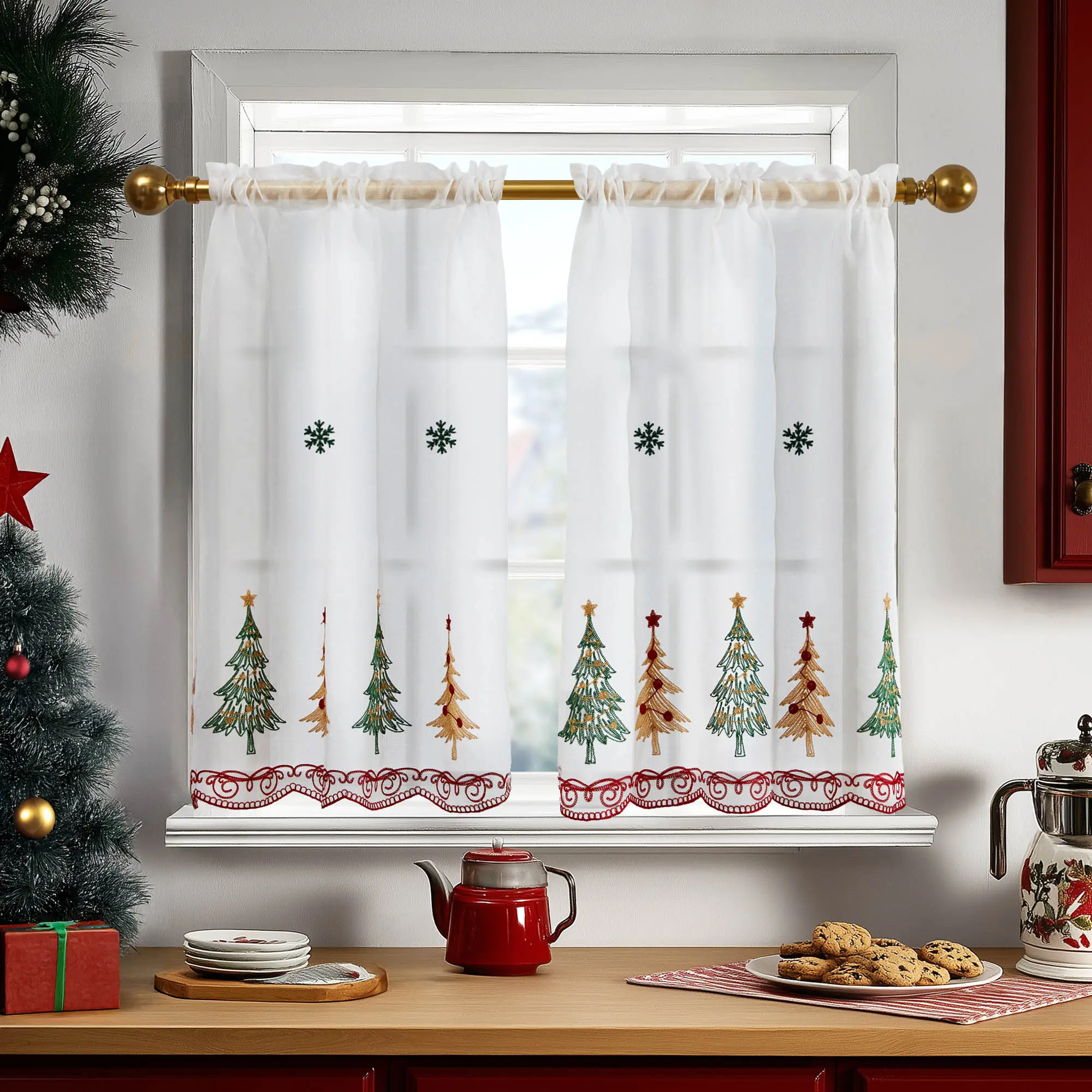 Deconovo Embroidered Christmas Kitchen Tier Curtains - Semi-Sheer Rod-Pocket All-Over Print Light Filtering Window Curtains for Small Window Sink & Door Areas, Light Filtering Curtains