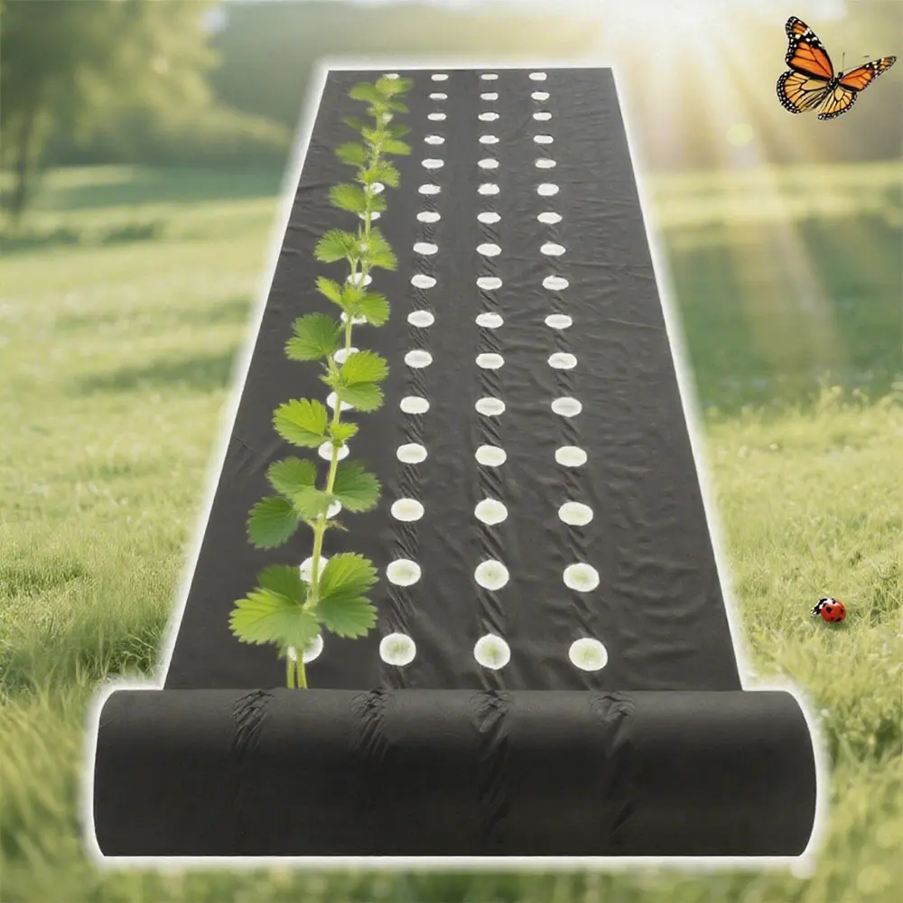 Black Pre-Punched Weed Barrier Fabric - 1.2x10m Breathable Punch-Hole Mat, Water Permeable for Raised Beds, Backyard Gardens Strawberry & Vegetable Planting (Home Improvement Garden Supply)