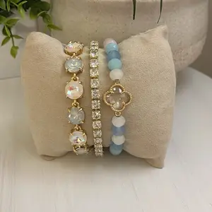 Blue Cloud Set Bracelet Stack Includes Glass Clover Stretch Tennis & Round Cut Link Bracelets for Everyday Wear or Special Occasions