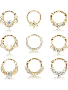 9PCS 16G Septum Rings Opal Daith Earrings Hoop Nose Rings 316L Stainless Steel CZ Cartilage Helix Tragus Earrings Septum Clicker Piercing Jewerly Nose Ring Jewelry