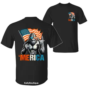 Bigfoot Merica Rock American Flag Patriotic 4th Of July T-Shirt, Sasquatch Lovers Independence Day 2 Sided Design Unisex Cotton T-shirt for Men for Women Menswear Womenswear Top