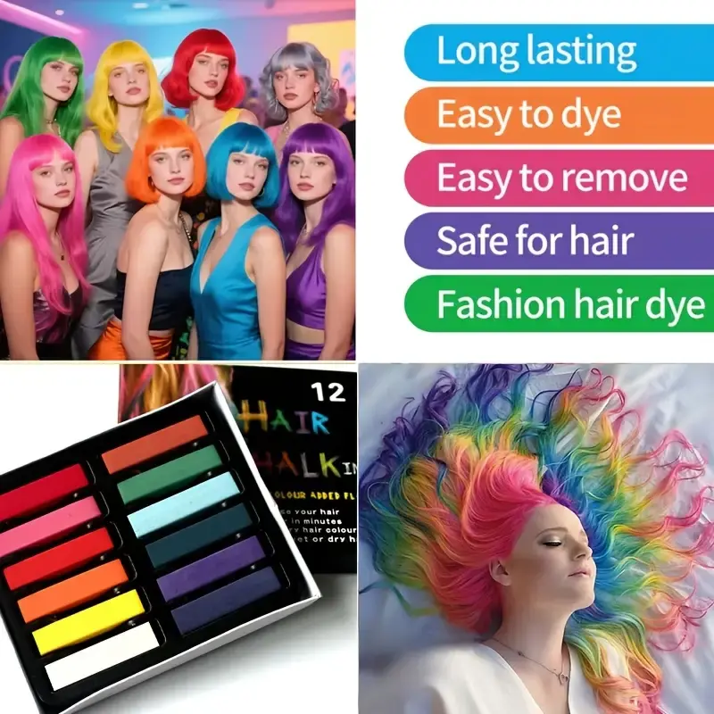 12-Color Temporary Hair Chalk Sticks Set, Washable Hair Coloring Tool for Cosplay Parties,  Easy To Clean, Safe For Natural Hair Coloring, Hair Dye Chalk, Makeup, Hair Color Sticks, Perfect Gift2