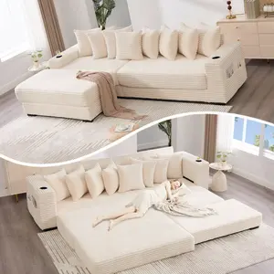 110.75" Modular L Shaped Sofa, Corduroy Fabric Sectional Couch, With A Movable Footstool, Cup Holders, Bring 8 Throw Pillows, Side Pocket, Unfold Into A Bed, Beige