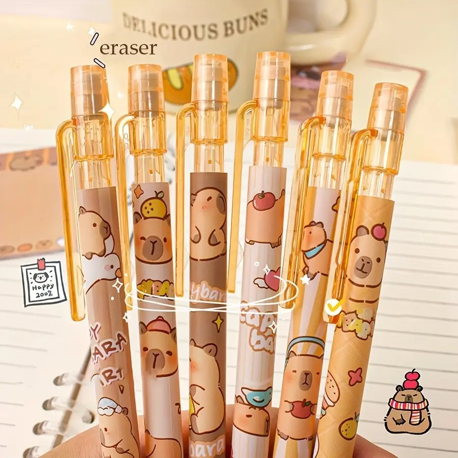 6 Pcs Capybara Mechanical Pencil 0.5mm HB - Cute Push Type Automatic Pencil with Eraser Smooth Writing Drawing Drafting Sketching - Aesthetic Cartoon Animal School Supplies - Stationary Gifts for Student Adult Office - 6 Pack Cute Mechanical Pencils