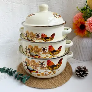 Mini Enamel Soup Pot 3Pcs Set with NonStick Surface Flower Pattern Vintage Style Round Enamel Pot for Stewing and Boiling Ideal for Household Cooking