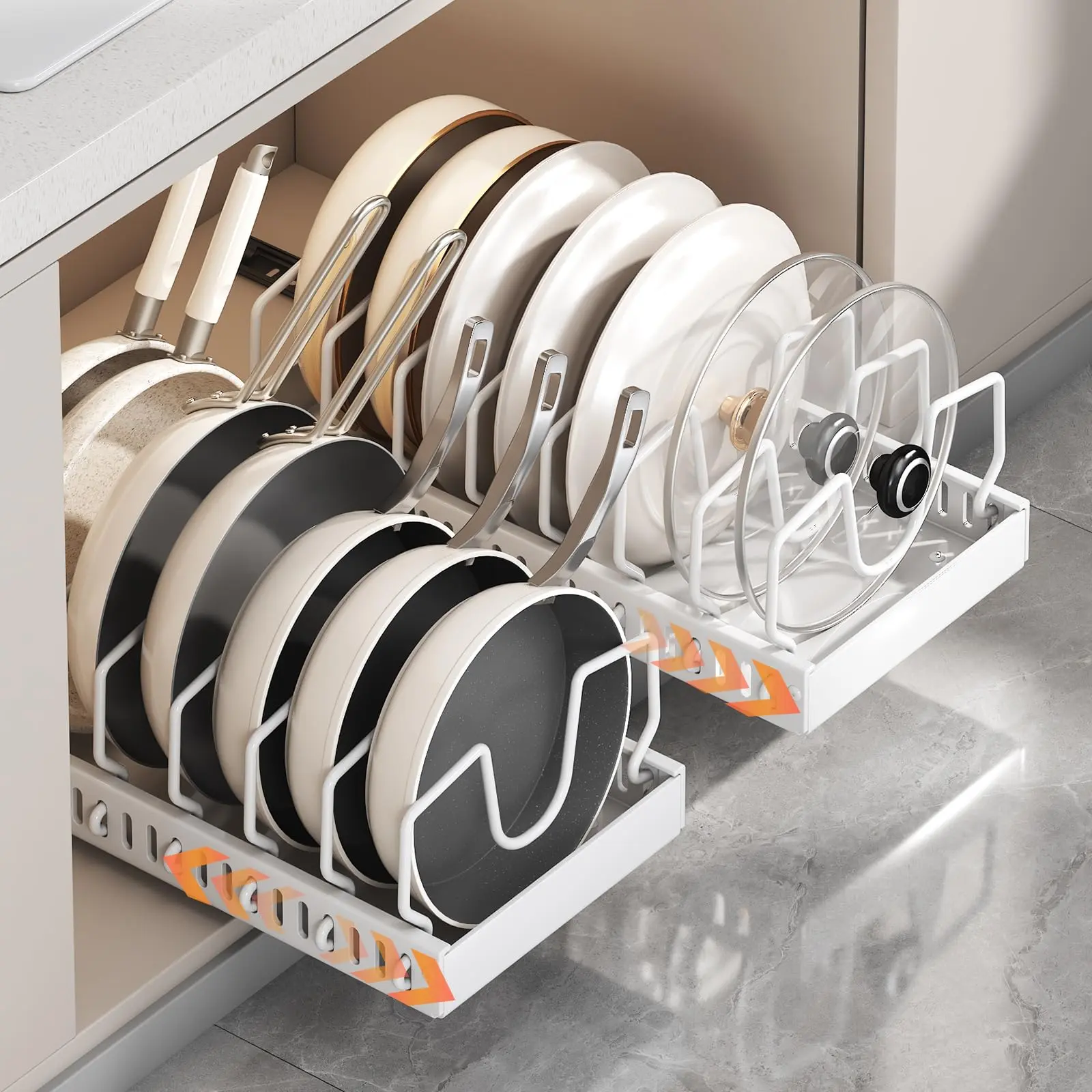 Natural Summertime Pull Out Pots and Pans , 8 dividers Pull Out Cabinet Organizer for Pot and Pan Storage, Organizer for Under Cabinet,Pot Lid Organizer and holder with Adjustable Dividers (white )