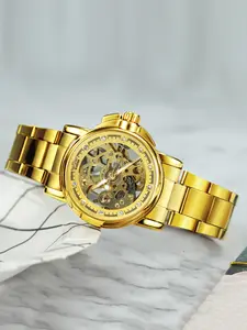 1pc Luxury Gold Skeleton Automatic Mechanical Watch for Women Luminous Hands Stainless Steel Strap Fashion Business Ladies Watches Elegant Wristwatches