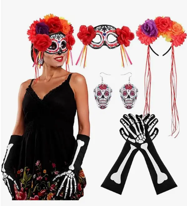 Catrina Costume Accessories Set for Women - Floral Lace Gothic Day of the Dead Kit with Earrings, Mask, Fan & Gloves for Halloween Party, Piece