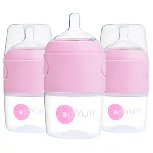 PopYum 5oz Anti-Colic Baby Bottle for Breast and Formula Feeding, 3-Pack, Pink, #1 Slow Flow Nipples