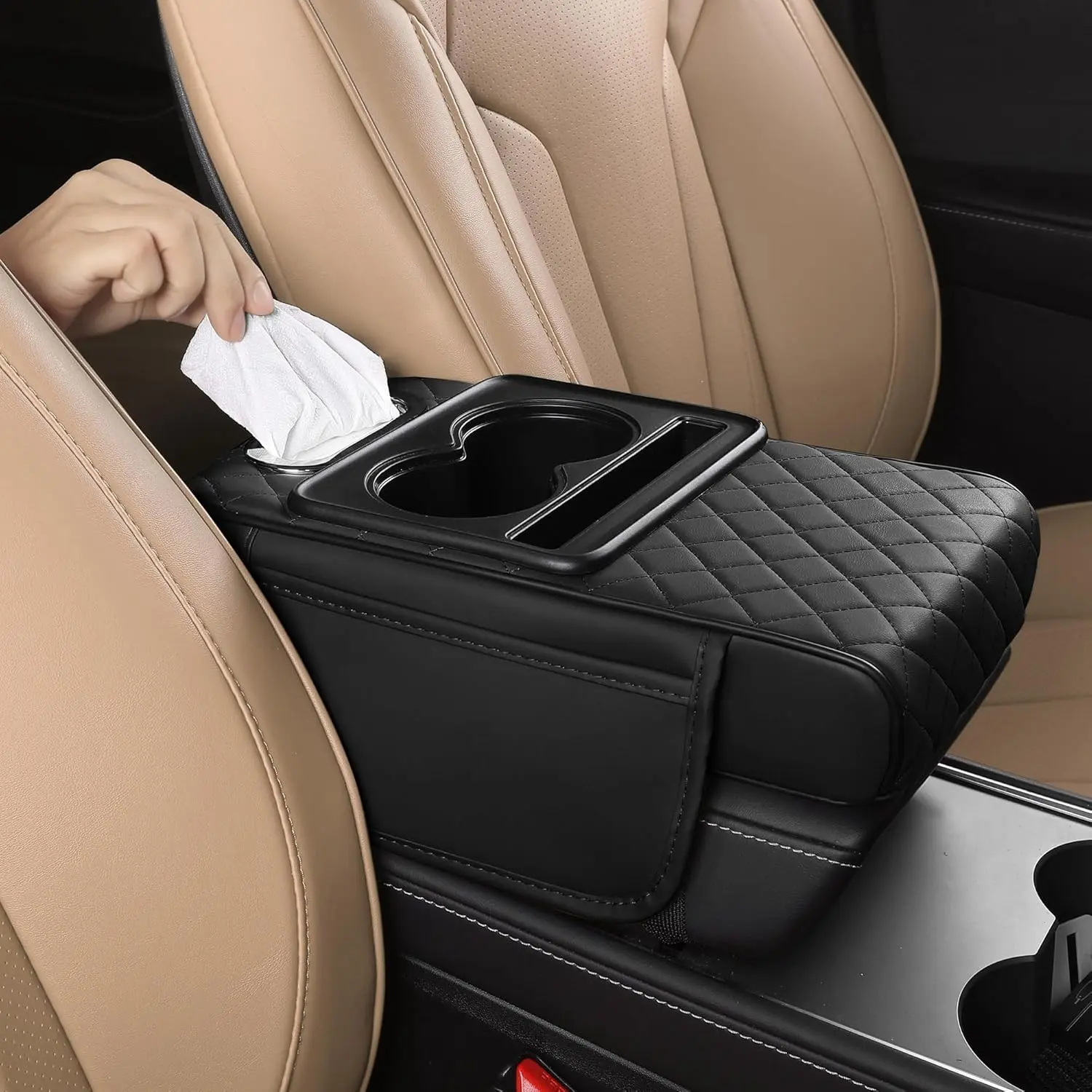 5-in-1 Car Center Console Organizer Cup Holder Storage Pockets Tissue Box Armrest Cushion Anti-Slip, Scratch-Resistant Grid Design | Must-Have for Family Trips  Upgraded Car Armrest Center Console Cover with Cup Holder 2 Storage-Rear Seat Armrest