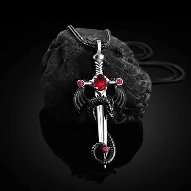 Gothic Dragon Sword Cross Pendant Necklace - Punk Zircon Dragon Pendant - Vintage Wrapped Sword - Dark Gothic Jewelry for Men & Women