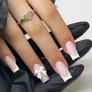 Women Charm Fake Nails White French Tip Press on Nails Bowknot Decor Mid-length Coffin Artificial Manicure Reusable False Nails