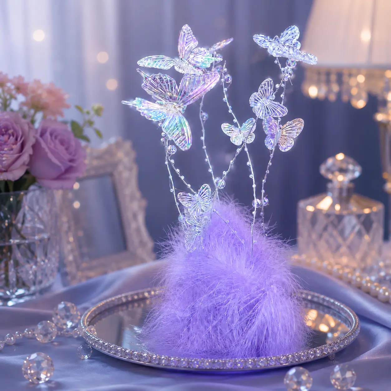 DIY Butterfly Feather Lamp, Purple USB Powered Night Light with 3 Light Modes, 3D Butterfly Decor Lamp with Soft Feather Base, Crystal Beads & Transparent Stems, Elegant Room Decor Gift