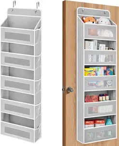 Over The Door Organizer, 5 Shelf Door Hanging Organizer with 5 Large Pockets, 44 lbs Weight Capacity Hanging Storage for Bathroom, Bedroom, Nursery, RV, Pantry (Light Grey)