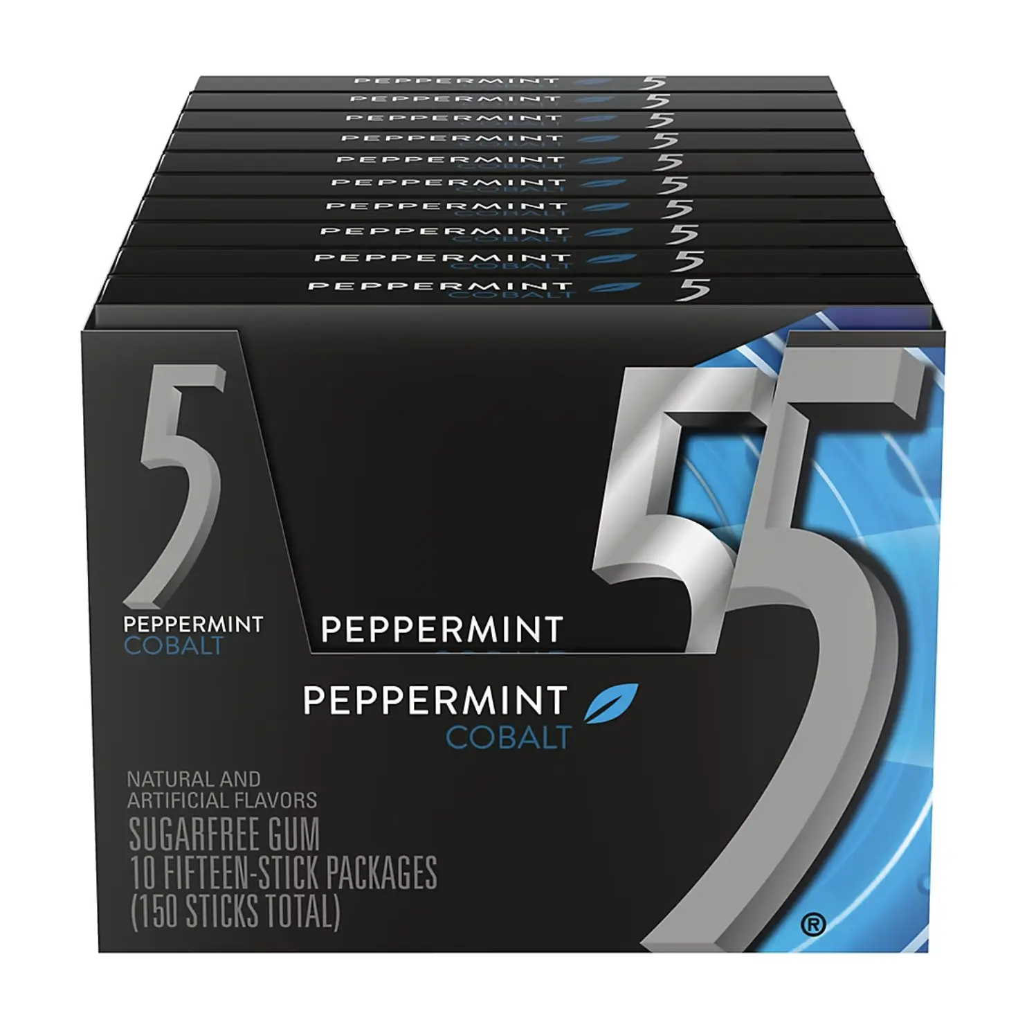 5 Gum Peppermint Cobalt, 15 Sticks Per Pack, 10 packs, Sugar Free Chewing Gum
