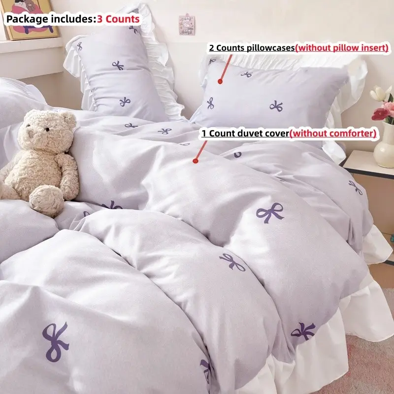 3-Piece Soft Bedding Set Butterfly Knot Design, Ruffled Sheet Set Bed Sheet Sets Includes 1 Fitted Sheet & 2 Pillowcases, Easy Care, Bed Sheets Set, Bedsheet Set