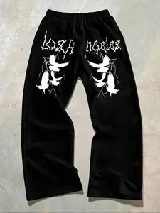 Men's Casual Sporty Long Pants, Los Angeles Lightning Pigeon Print, Drawstring Wide Leg Loose Fit, All Season Wearable Men's Clothing