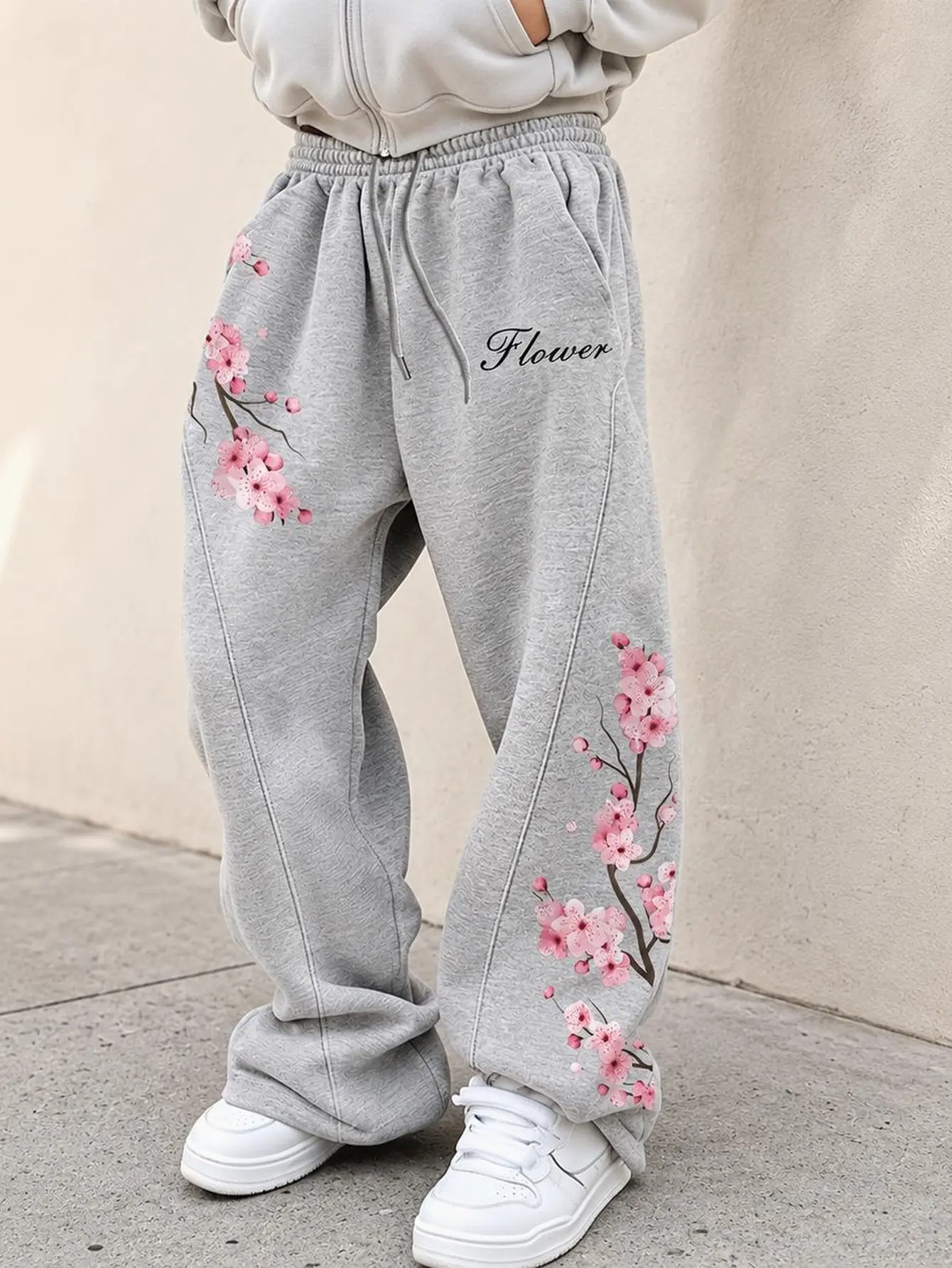 Men's Fashion Apparel: Oversized Loose Fit Cherry Blossom Knit Joggers - Comfy Lightweight Polyester Graphic Clothing for Gym & Spring Wear, Men's Wear, Baggy, Streetwear, Cherry Print, Quick Dry, Knitted Sports Pants, Fitness Training Pant, Elastic Sweat