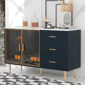 [Bellemave]TREXM Modern Sideboard MDF Buffet Cabinet Marble Sticker Tabletop and Amber-yellow Tempered Glass Doors with Gold Metal Legs & Handles