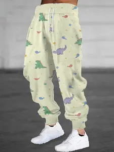 Cartoonish, Fun, Trendy, Cute Dinosaur Print Men's Casual Sweatpants, Made of Polyester Fiber, Comfortable and Breathable, Stylish and Versatile, Trendy Sweatpants for Teenagers and Students, New Autumn Men's Pants.