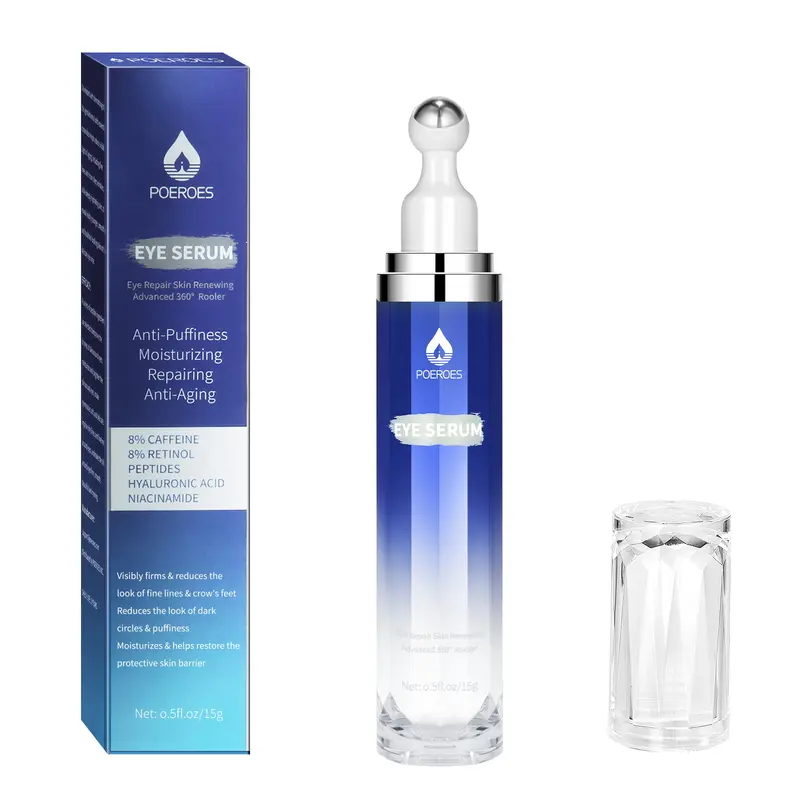 POEROES Caffeine Eye Serum & Cream Roller with 360° Massage Ball - Hydrate, Moisture-Boosting Self Care Product for Sensitive Skin, Dark Circle Care, Ceramide 3 Support (Hyaluronic Acid Blend, Pea-Size Dose)