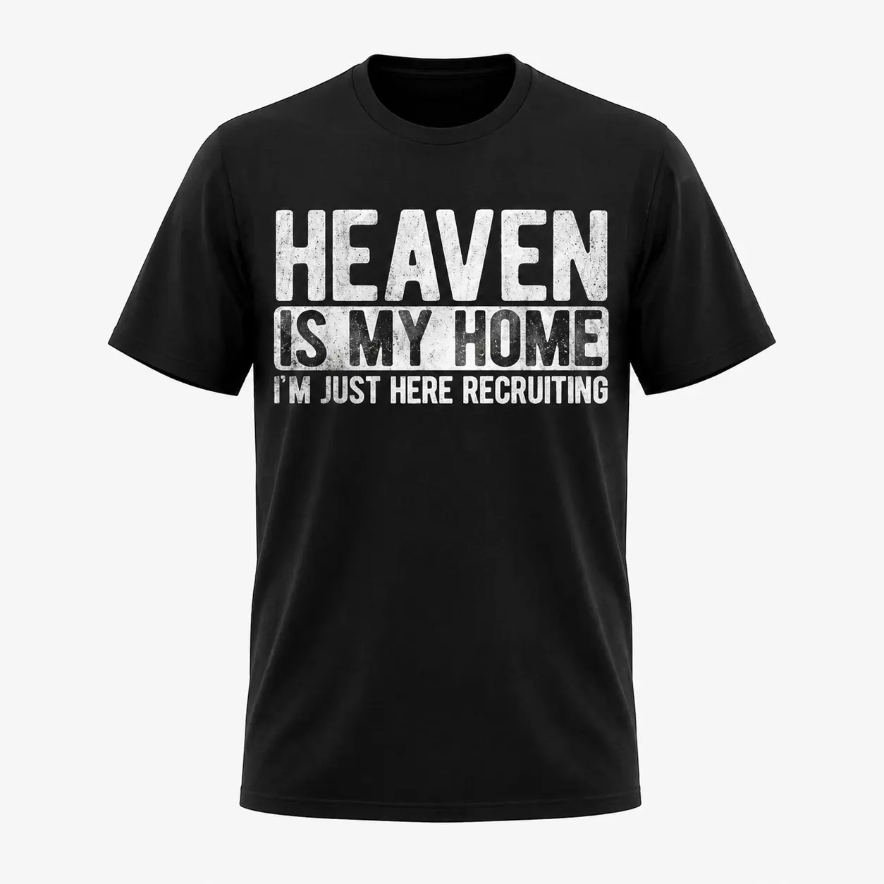 Men's Christian Religious T-Shirt - "Heaven is My Home" Bold Statement Tee - Soft Heavyweight 180gsm Shirt - Vintage Distressed Crew Neck Top for Church, Everyday Faith Wear - Machine Washable Black with White Print Apparel - Adult Male Spiritual Clothing