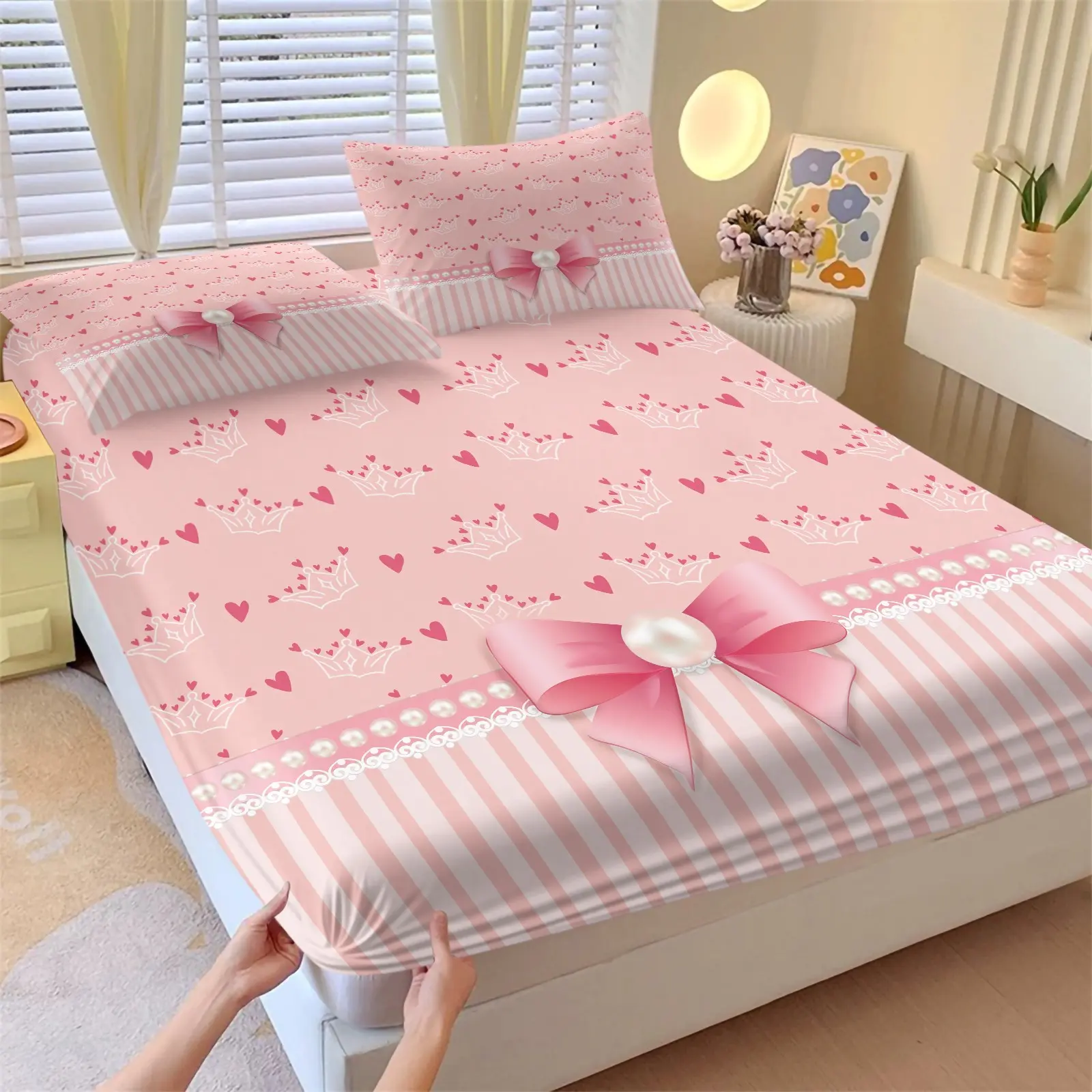 Sweet Pink Fitted Sheet Set, Printed Bedding Set, 1 Fitted Sheet + 2 Pillowcases - 3 Pcs Ultra Soft Breathable Deep Pocket Bedding, Soft Comfy Bedding, Lace & Bow Print Bed Sheets for Teens Bedroom, All Season Use, Full Size