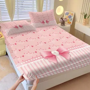 Sweet Pink Princess Fitted Sheet Set, 1 Fitted Sheet + 2 Pillowcases - 3 Pcs Ultra Soft Breathable Deep Pocket Bedding, Decorative Bedsheet Sets, Lace & Bow Print Bed Sheets for Teens Bedroom, All Season Use, Full Size