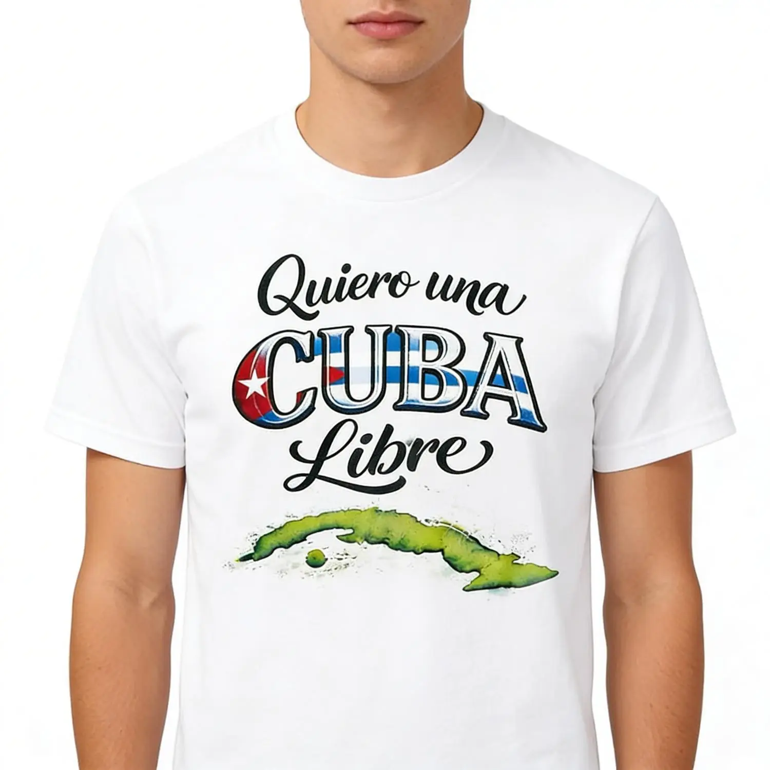 Quiero una CUBA Libre T-Shirt - White Cotton Tee with Cuban Flag Design and Map Graphic Man end woman