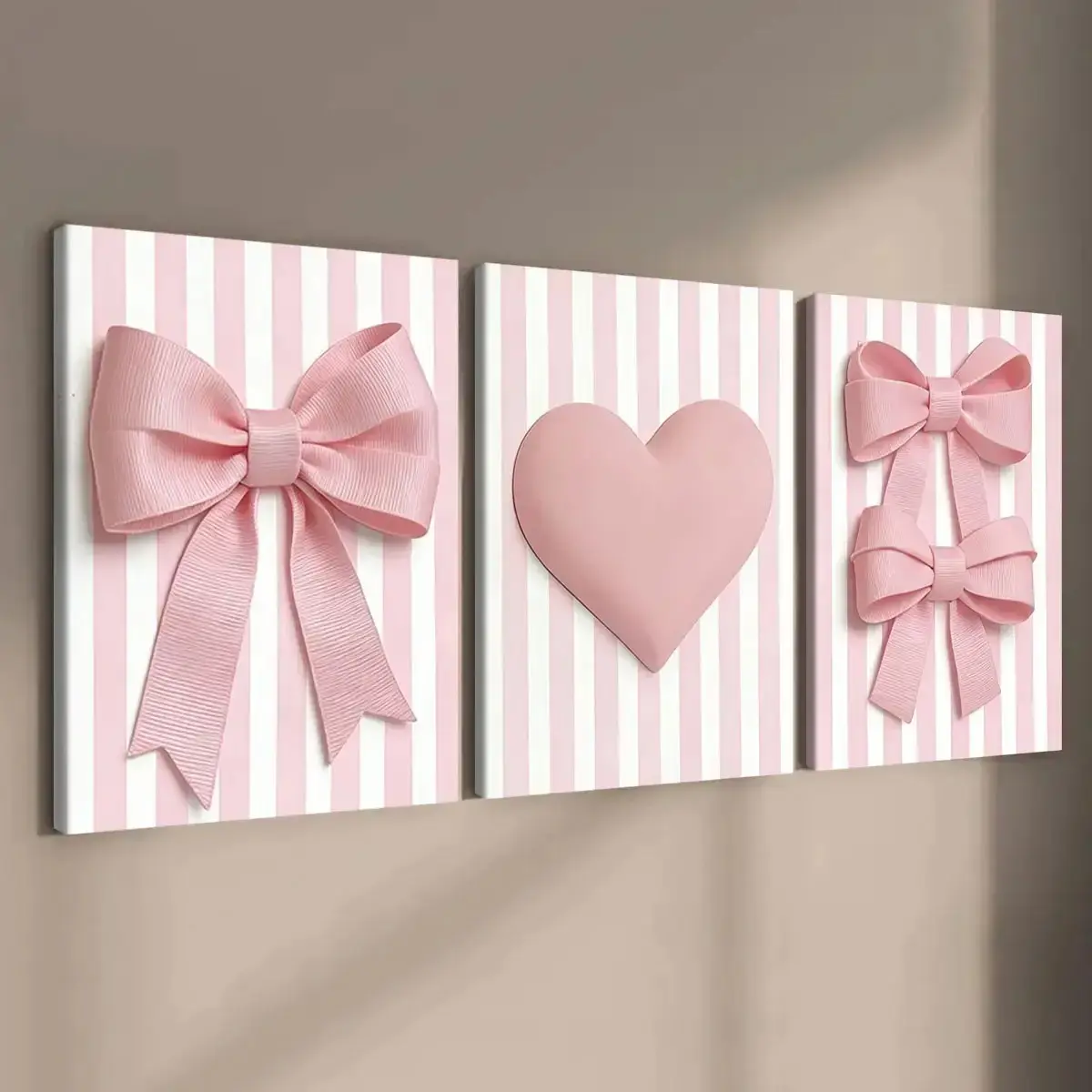 3-Piece Coquette Bow Wall Art Set, Wooden Framed Canvas Prints with Striped Heart Design, Preppy Teen Girl Bedroom & Dorm Room Decor, Ready to Hang bakugo poster Santa Toilet Paper nature inspired