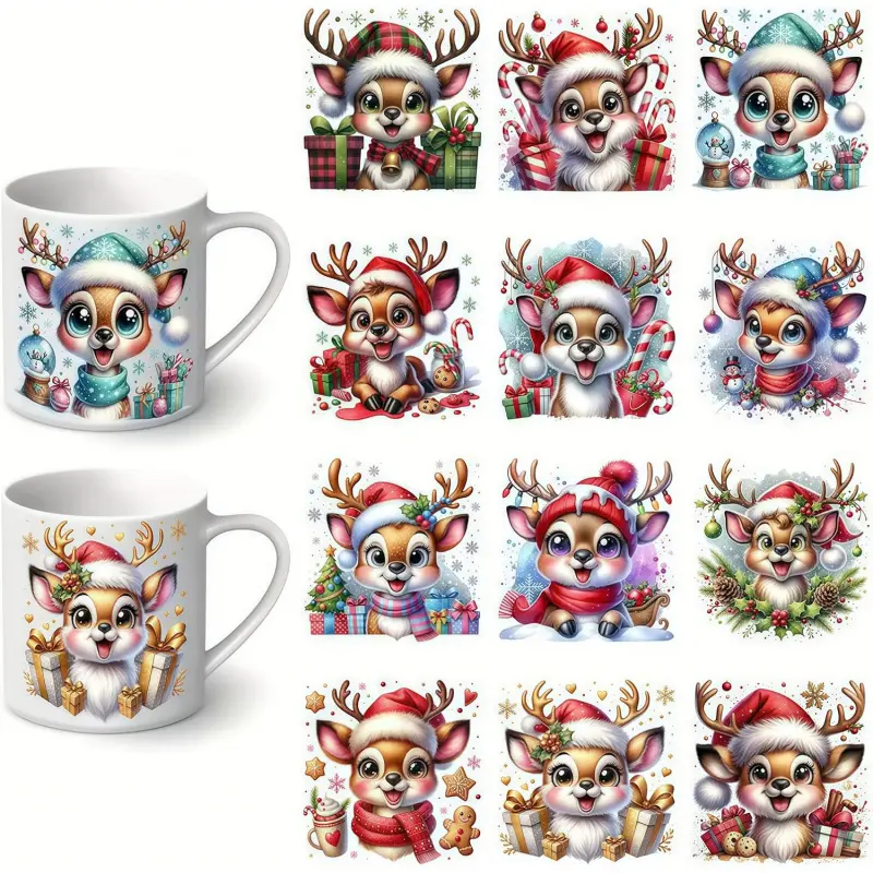 12pcs Christmas Reindeer New Year Gifts UV DTF Cup Wraps Winter UV DTF Transfer Sticker for Glass Cups Furniture Craft DIY Crafts Rub on Transfer Stickers for DIY Water Bottle Laptop Decal  Car