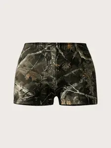 Women's Vintage Leaf Tree Pattern All over Print Sexy Low Waist Tight Fit Shorts, Y2K Street Style Essential Shorts