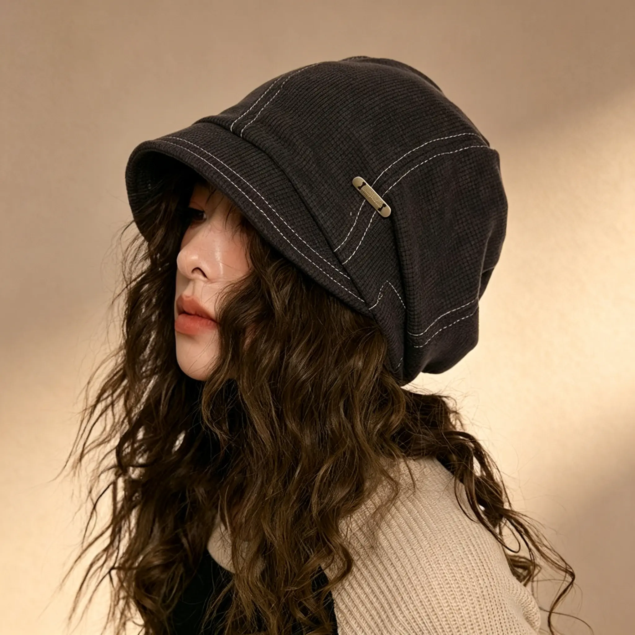Women's Retro Fisherman's Beanie Fitted Hat - Black Casual Street Style, Warm Pile, Slimming Look Adults' Outdoor Sport Autumn Winter Accessory, Fashion
