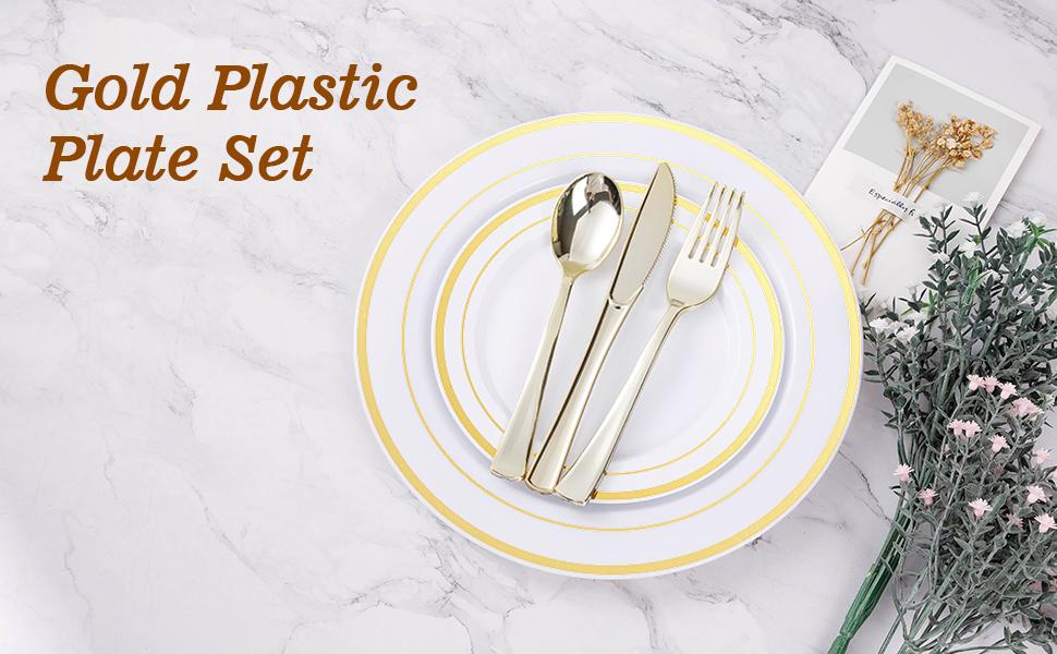 100PCS Gold Plastic Plates, Disposable Dinner Plate Party with Gold Rim for Christmas, Thanksgiving, Heavy Duty Disposable Plastic Plates for Party, Wedding and Birthday, Events