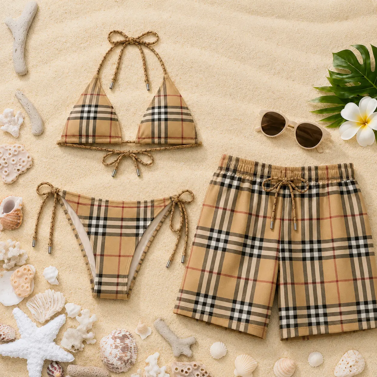 2026 Signature TB Matching Couple Swimwear Set - Women’s Viral Bikini, Men’s Beach Shorts, Ideal for Vacation Gifting