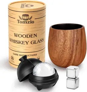 Tomzio REAL-Charred Acacia Wood Whiskey Glass Set - 11oz Insulated Bourbon Tumbler for Men, Handcrafted One-Piece Solid Wood Old Fashioned Glass for Scotch & Cocktails, Fits 2.5" Ice Sphere, Gift Box perfect present Wooden Utensils