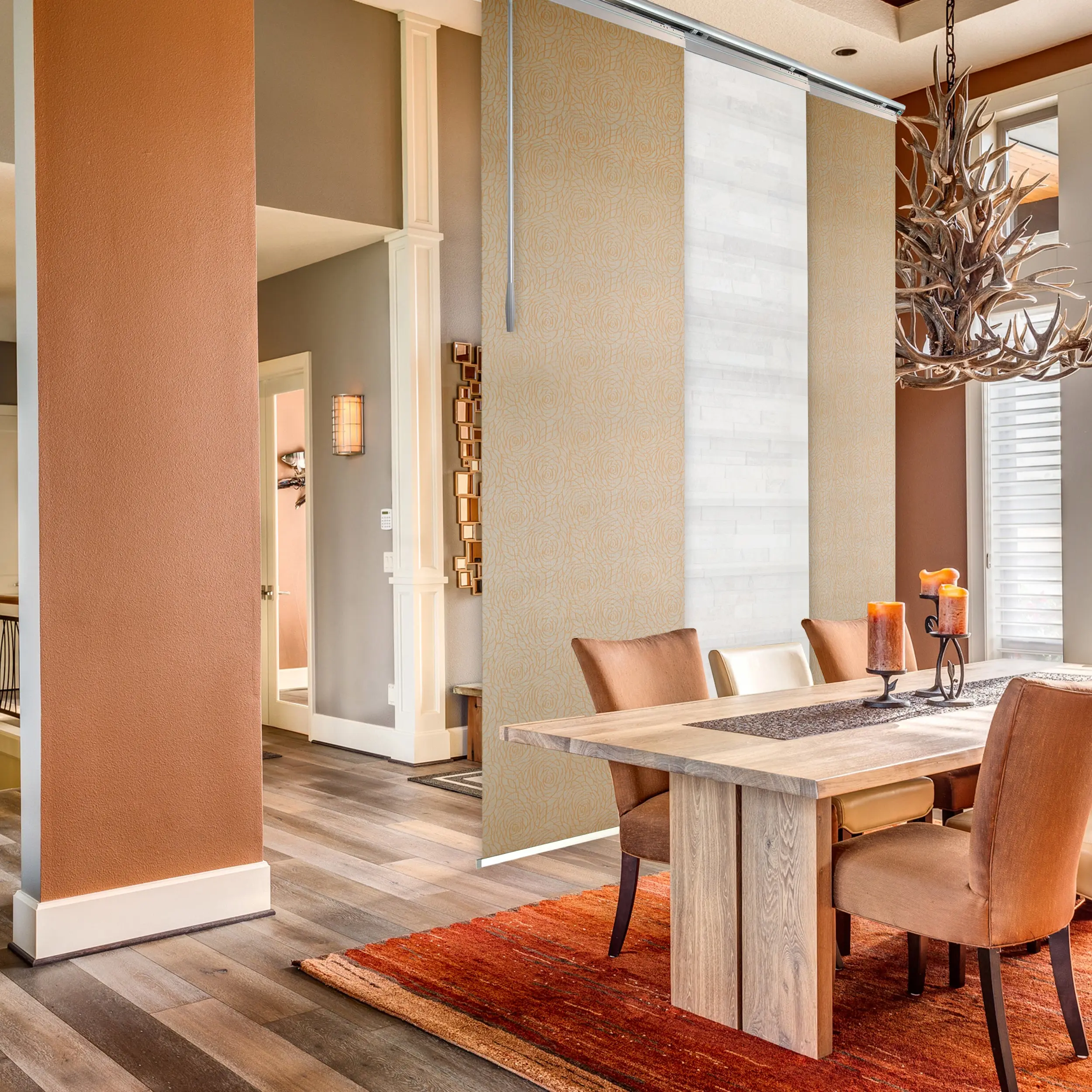 3-Panel Single Rail Panel Track Blind Extendable 36"-66"W x 91.4"H, Panel width 23.5", Macadamia, Marisol