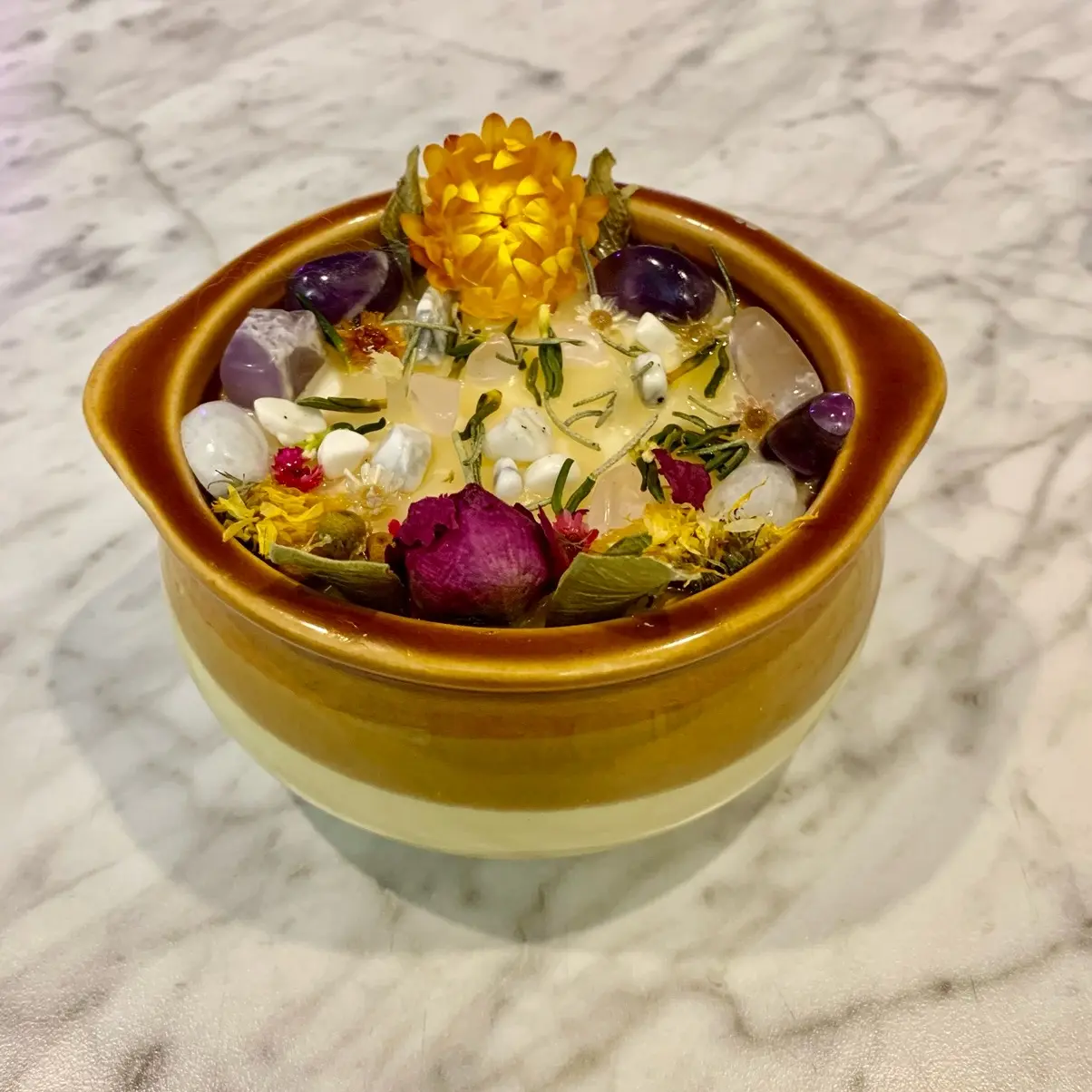 12oz Organic Beeswax Candle in a Brown Reusable Mini Dutch Oven - All Natural Essential Oils, Flowers, Herbs, Reiki, and Crystals - Ornaments, Decor, Gifts