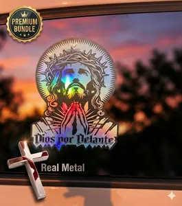 Dios Por Delante Holographic Jesus Car Decal 9.84 Inch Praying Christ with Cowboy Scene Vinyl Sticker 2-in-1 Set Includes Metal Cross Emblem Christian Faith Gift for Car Truck Bumper Window Vehicle Exterior Decoration UV Scratch Resistant, Adhesive Vinyl,