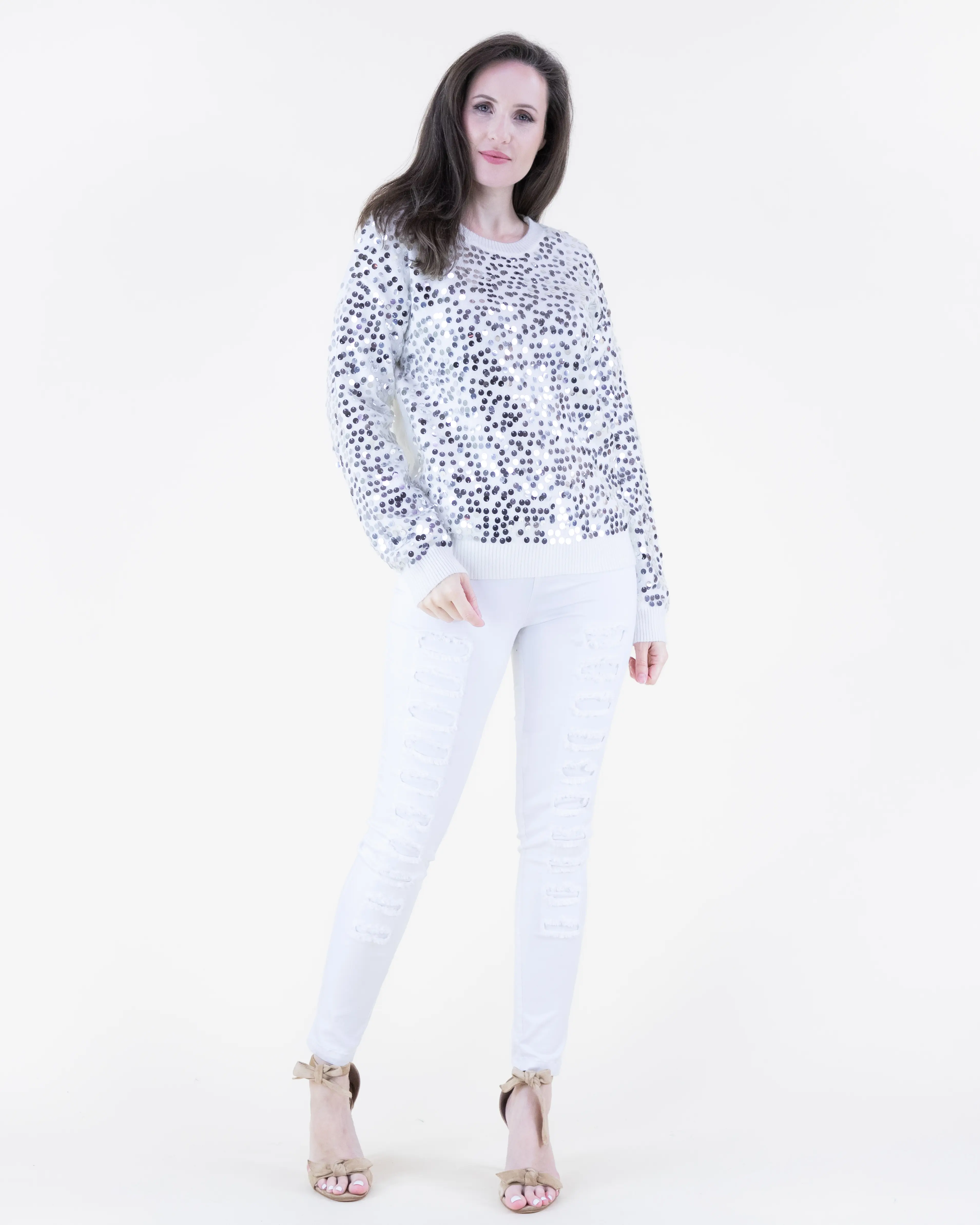 Women's Sequin Embellished Pullover Sweater roun  neck