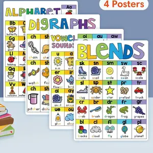 4 Vibrant Speech and Spelling Cards, A4 Classroom Posters with English Letters, Colorful Educational Learning Aid for Teens, Visual Learning Tools, Learning Materials, School Supplies