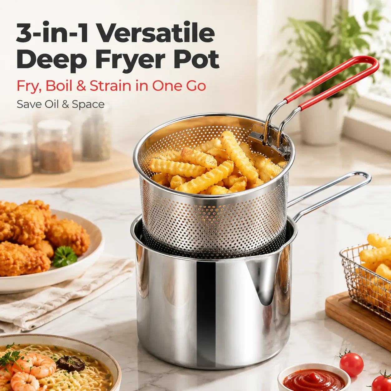 3Pcs Stainless Steel Deep Fryer Set - 5.12*4.72in 1-Person Mini Pot with Fry Pot, Filter Basket & Food Clip, Rust-Resistant Portable Cookware for Home Kitchen Chips, Chicken Wings