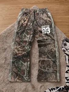 Men's Boston 23 Maple Leaf Camo Print Side Stripe Sports Pants, Y2K Street Style, Hip Hop Casual Loose Drawstring Waist, Fall Winter Long Pants