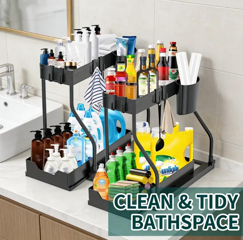 Space-Saving 2-Tier Under Sink Sliding Organizer with Pull-Out Basket for Kitchen Bathroom Laundry Corner Clear Cosmetic Rack Collapsible Multifunctional Storage Bins Rolling Three-Tier Cart Magnetic Spice and Drink Set