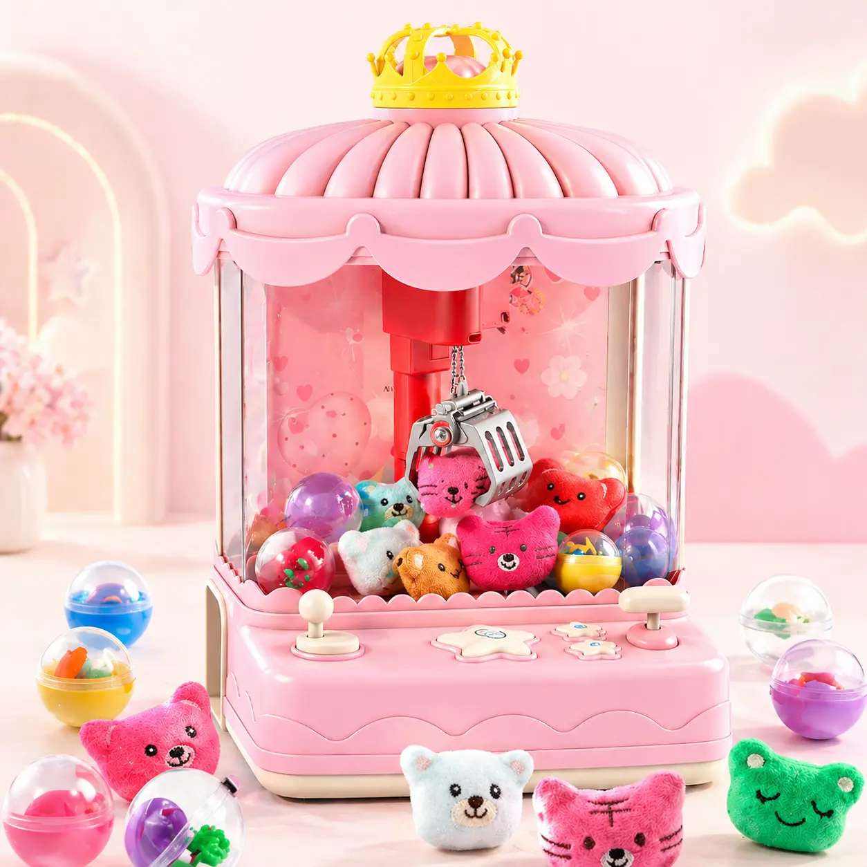 Kids Claw Machine Toy, Mini Arcade Vending Game with Plush Toys, Capsule Balls, Music Lights and Prize Grabber Fun