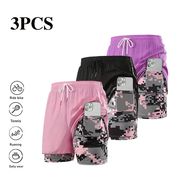 Women’s double-layer sports shorts with phone pocket, quick-dry camouflage fitness shorts, breathable stretchy yoga shorts for running training, outdoor running five-inch shorts with anti-exposure design Style Athletic