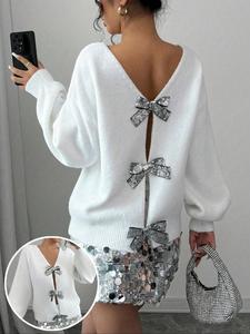 women's glitter bow decor sweater pullover, casual long sleeve jumper for daily wear, ladies knitwear for all seasons