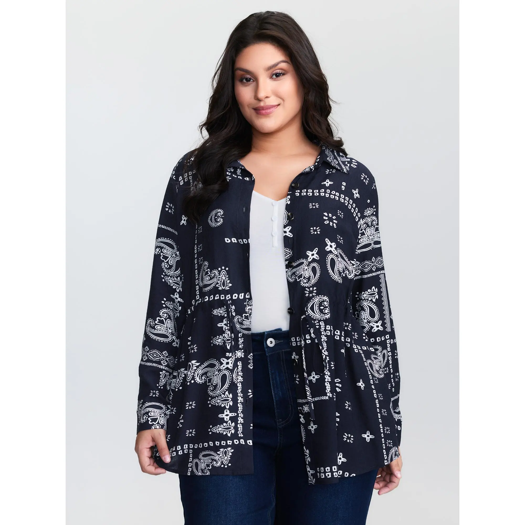 Women's Casual Paisley Print Jacket in Rayon Blend Fabric, Long Sleeve Button-Down with a Drawstring Waist and High-Low Slit Hem, Tops, Coats, Nylon, Low Iron
