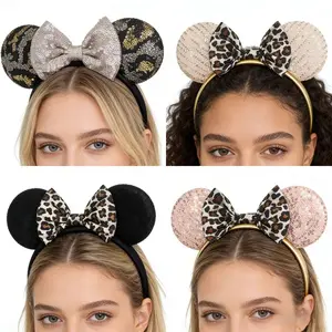 Princess Carnival Party Headwear, Leopard Print Bow Headband, Diamond Sequins Mouse Ears, Holiday Party Supplies, European and American Style